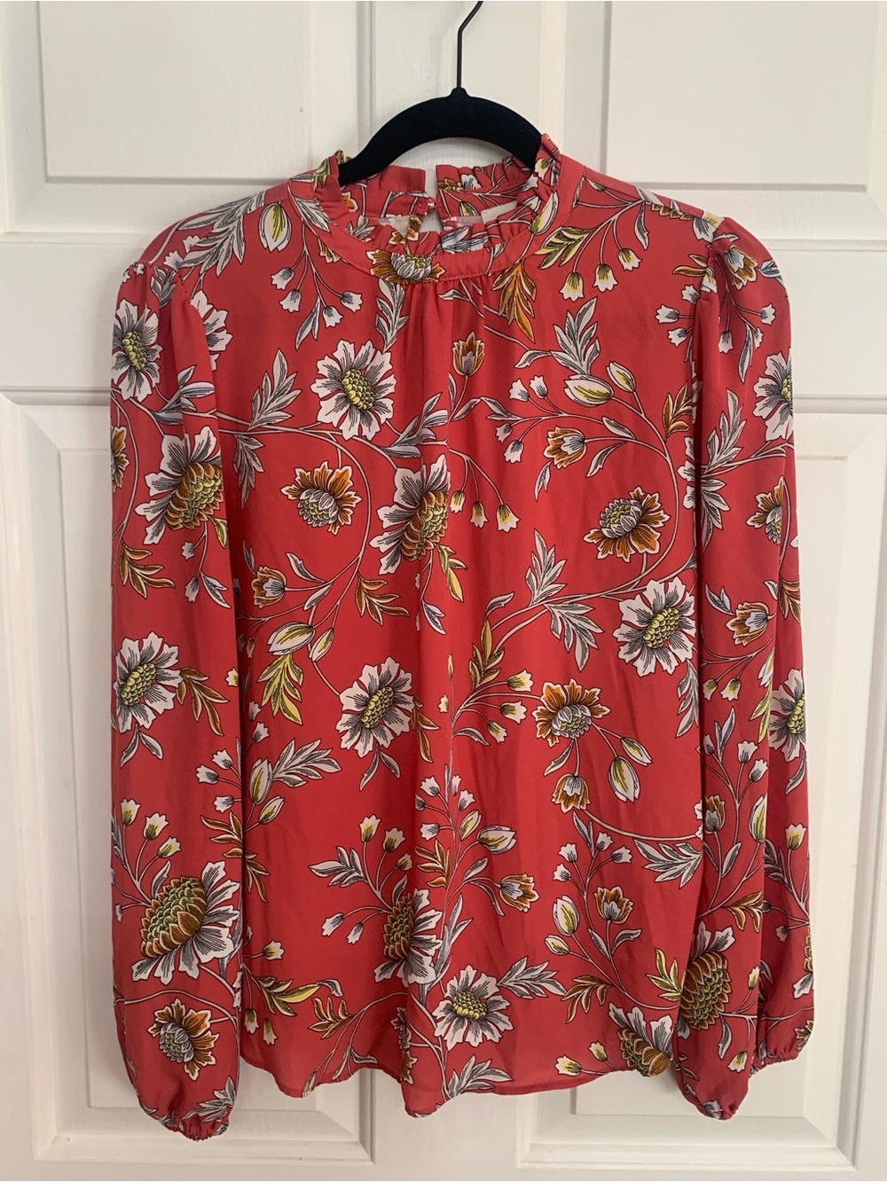 LOFT Coral Floral Long-Sleeve Autumnal Blouse Size S Business Casual